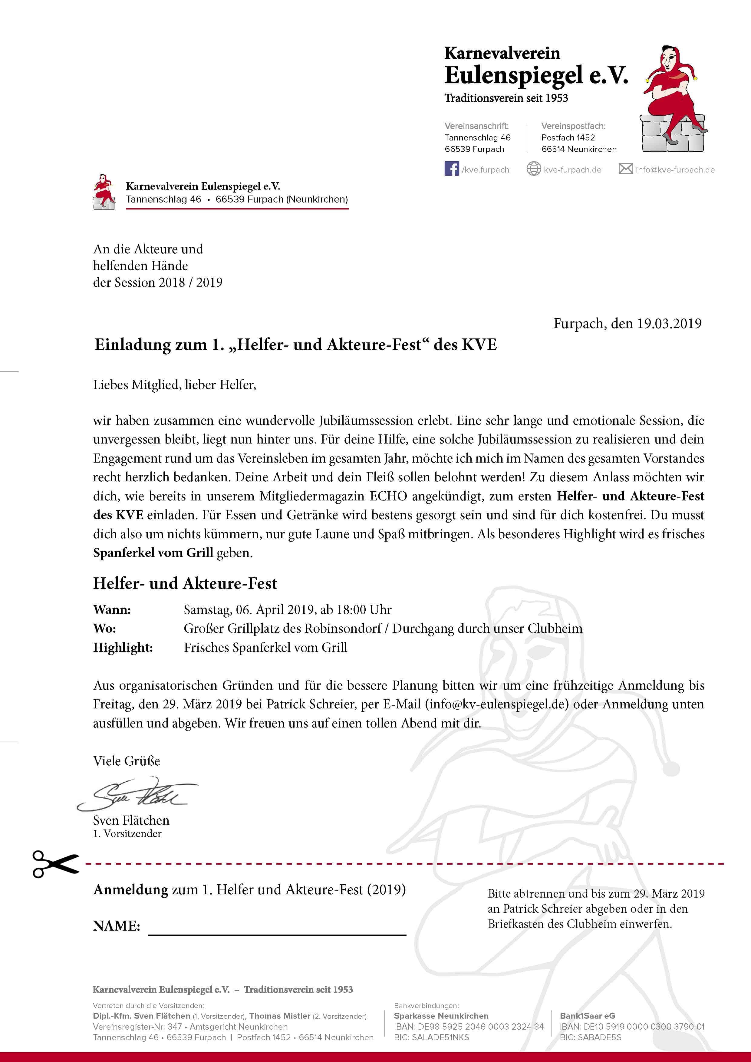 Einladung (Anmeldung) zum Helfer- und Akteurefest 2019