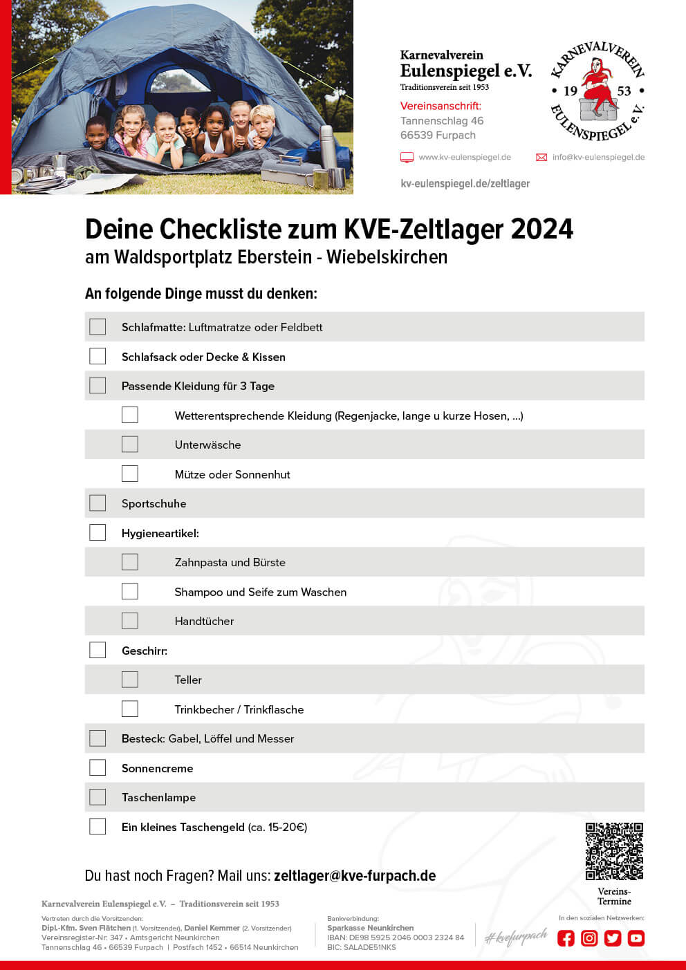 Checkliste Zeltager 2024 Karnevalverein Eulenspiegel